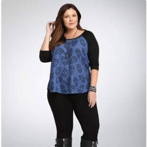 Torrid Skull Leopard Print Raglan Tee Blue Women's Size 2X